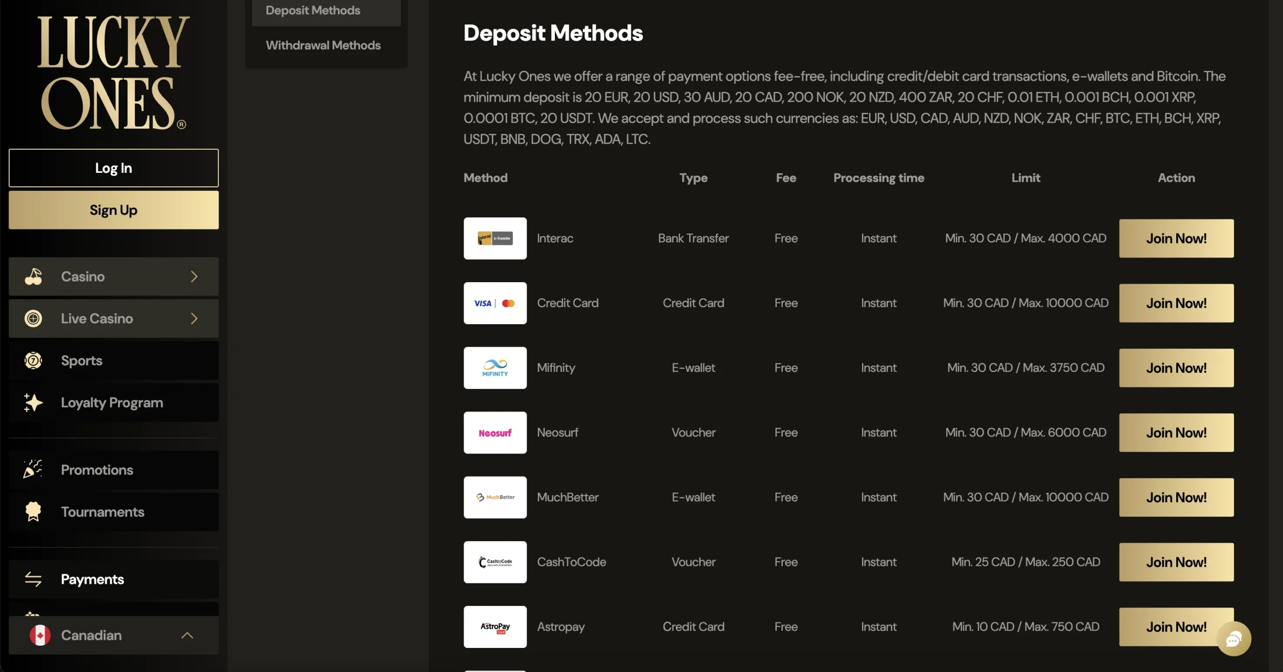 luckyones deposit methods