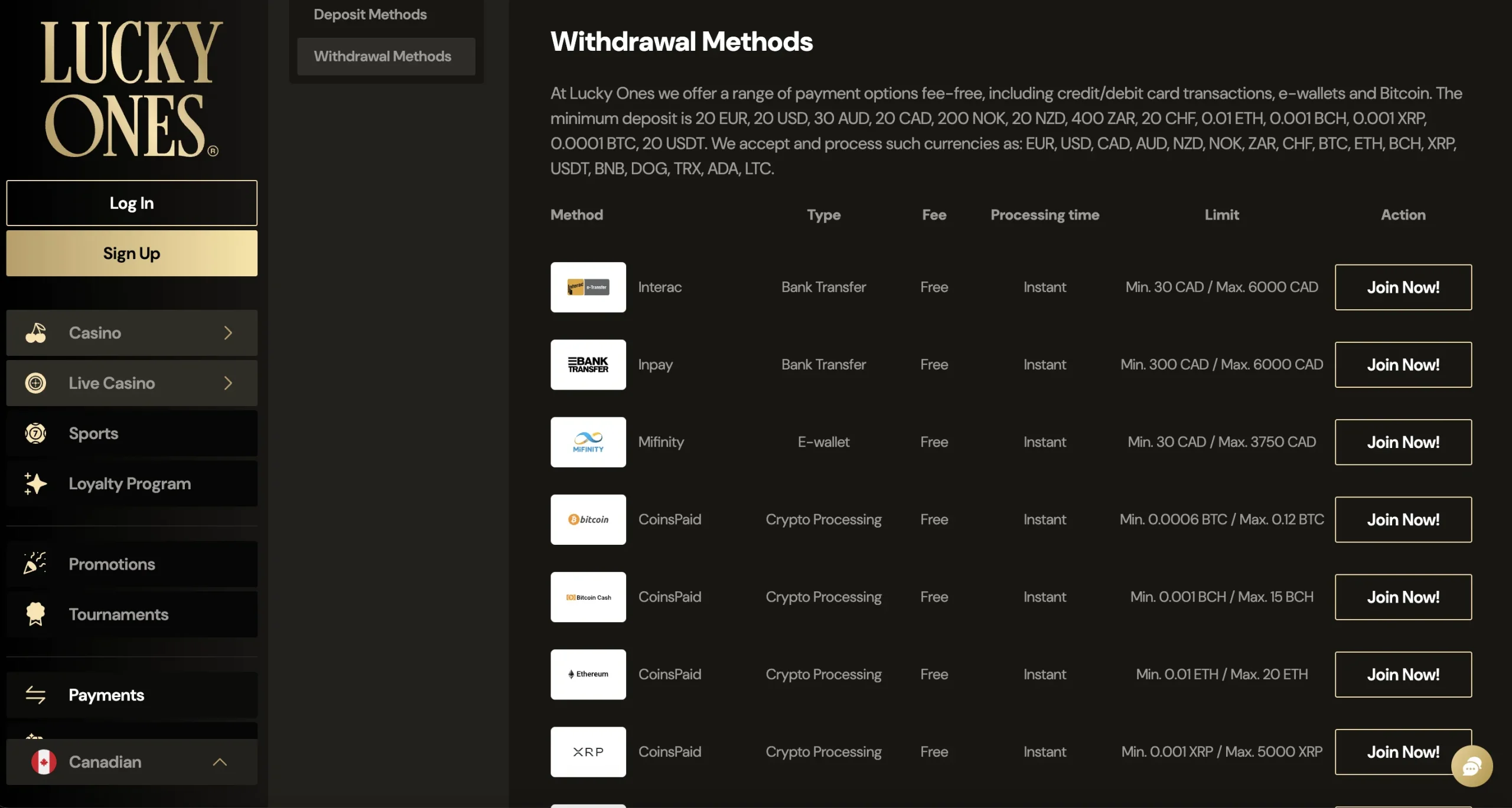 luckyones withdrawal methods